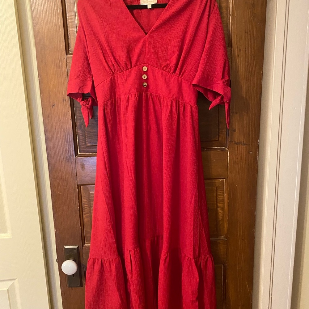 Indigo Red Midi Dress with Button Detail